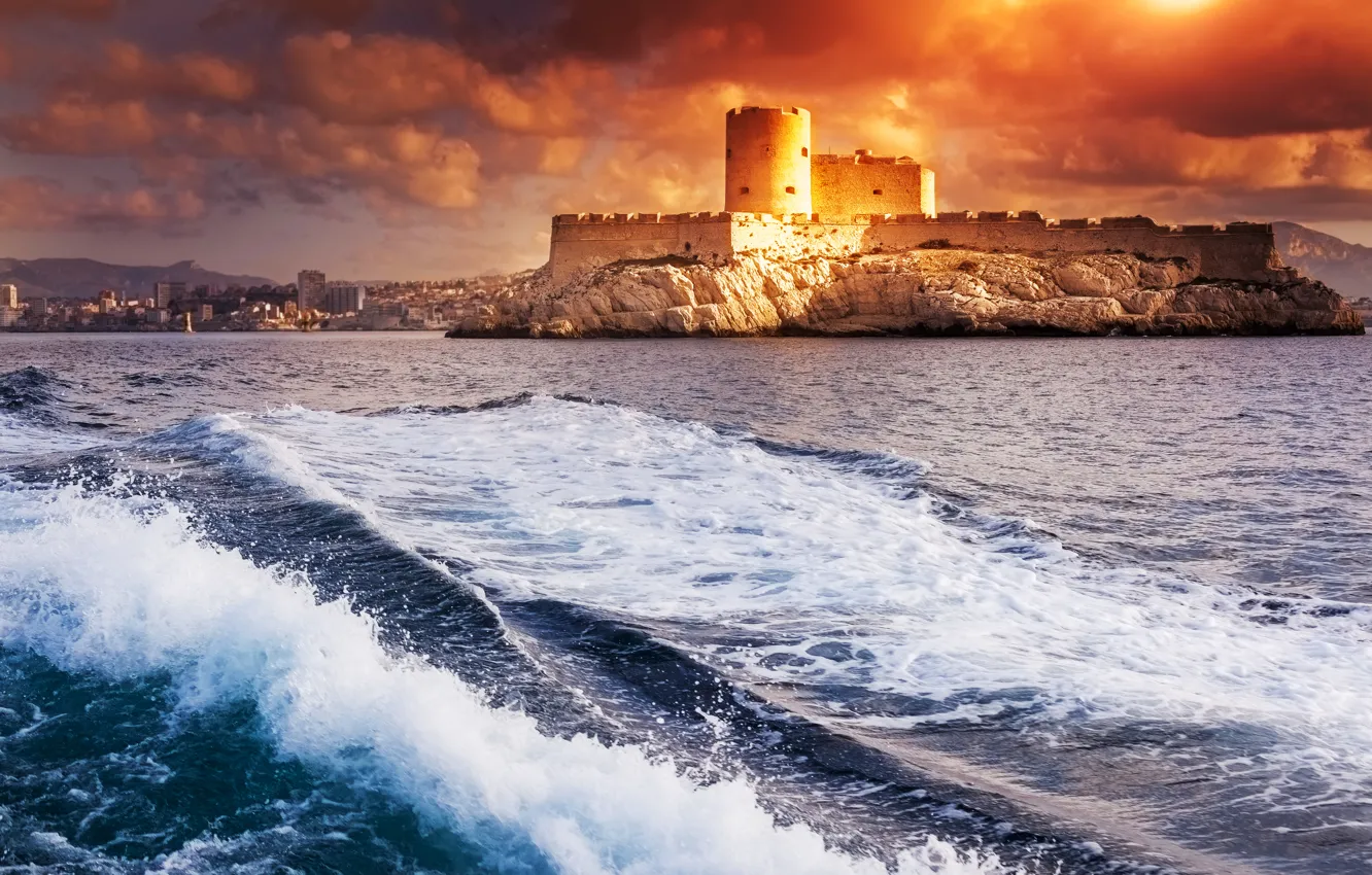 Photo wallpaper sea, wave, dawn, France, fortress, sea, France, Monte-Cristo