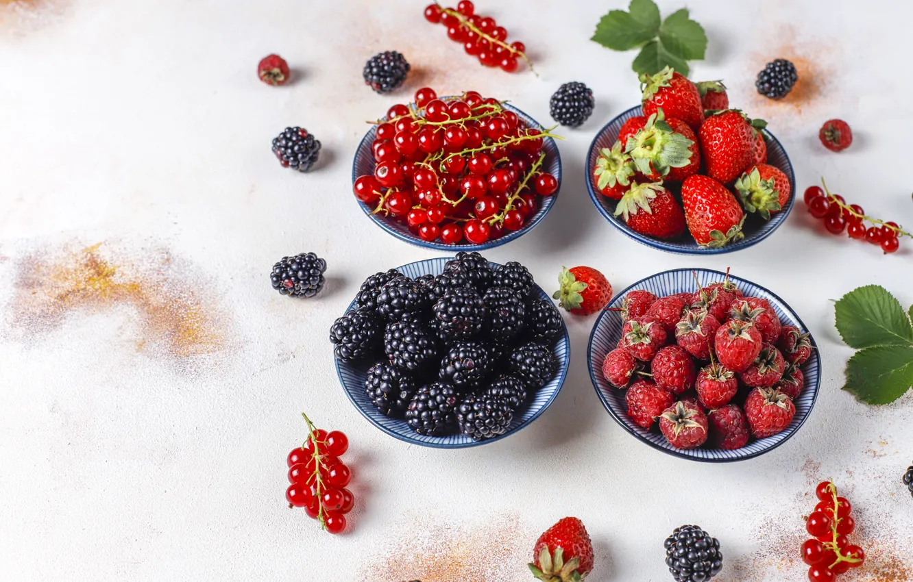 Photo wallpaper leaves, red, berries, raspberry, table, strawberry, bowl, placer