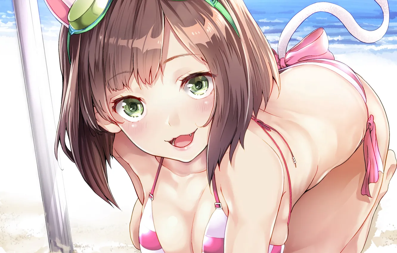 Photo wallpaper girl, sexy, cleavage, beach, green eyes, sea, brown hair, boobs