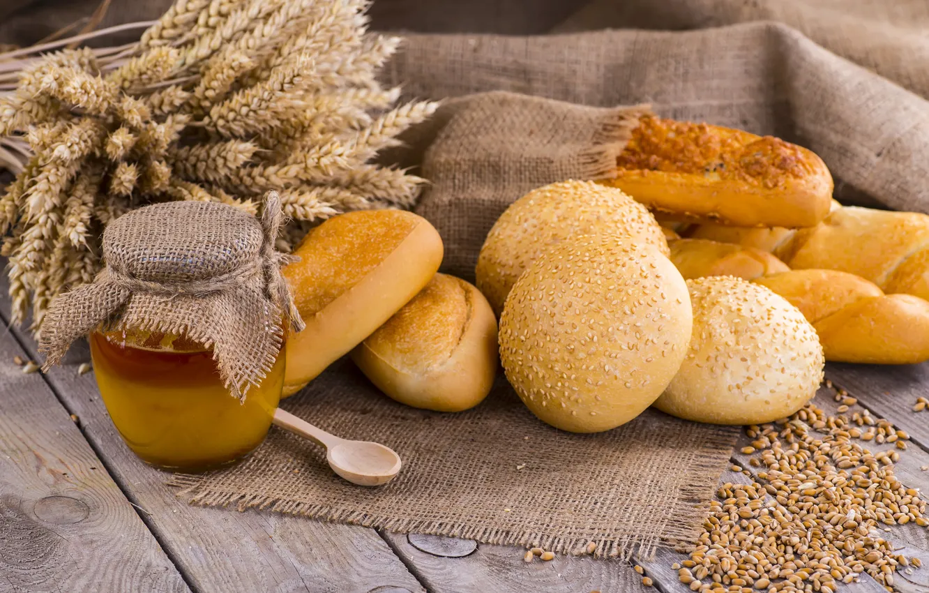 Photo wallpaper wheat, Board, grain, honey, bread, spoon, Bank, ears