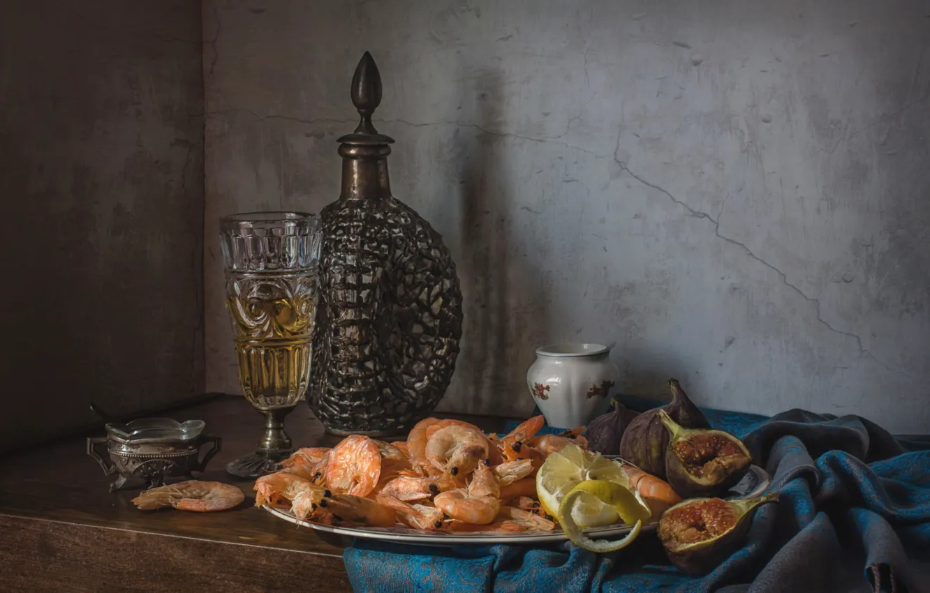 Photo wallpaper lemon, wine, shrimp, glass