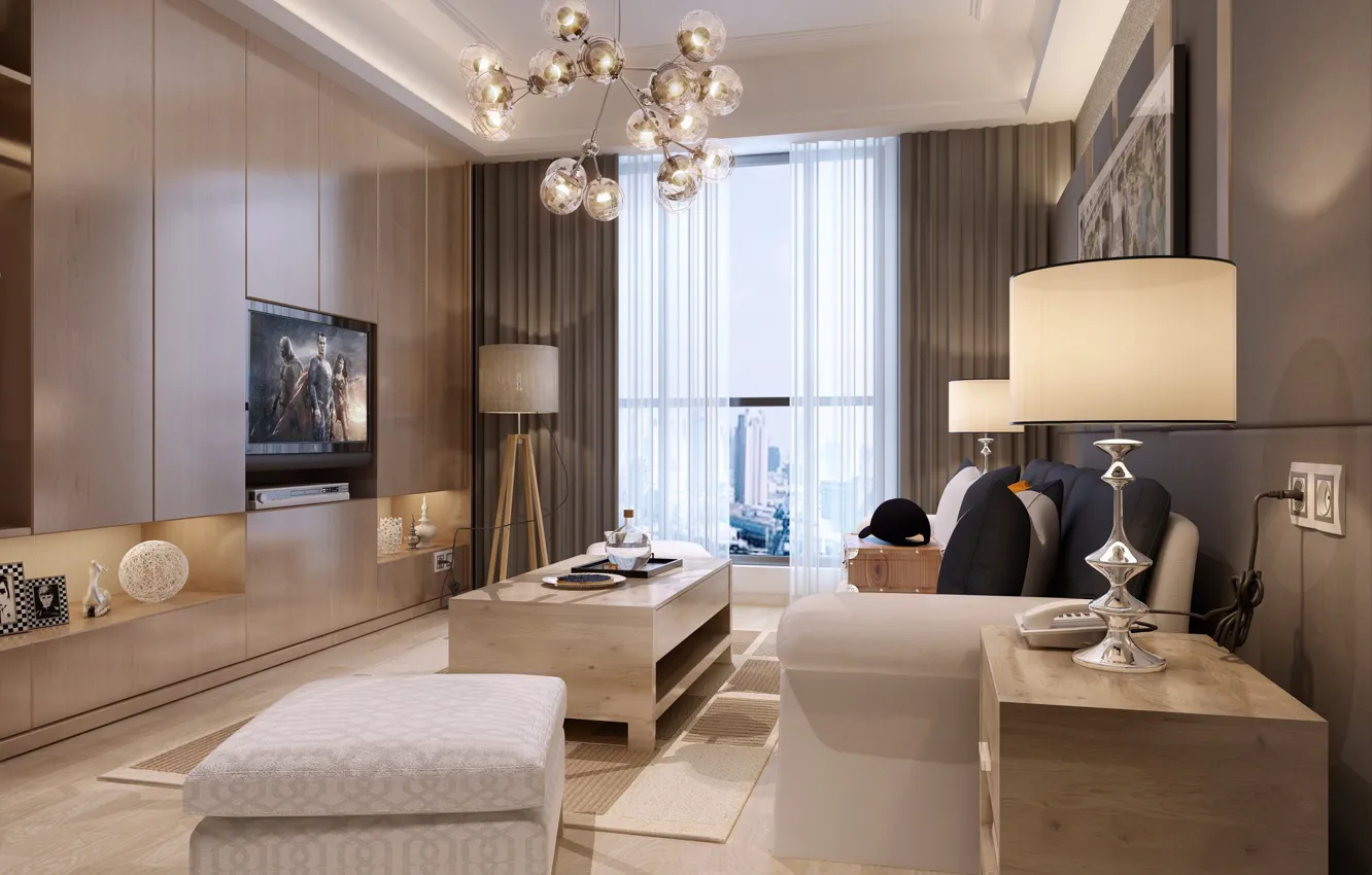 Photo wallpaper room, lamp, window, curtains, LIVING AREA