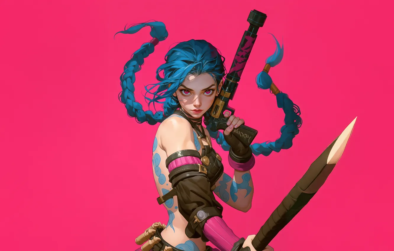 Photo wallpaper girl, League of Legends, digital art, LoL, Jinx, pink background, AI Art, AI Generated