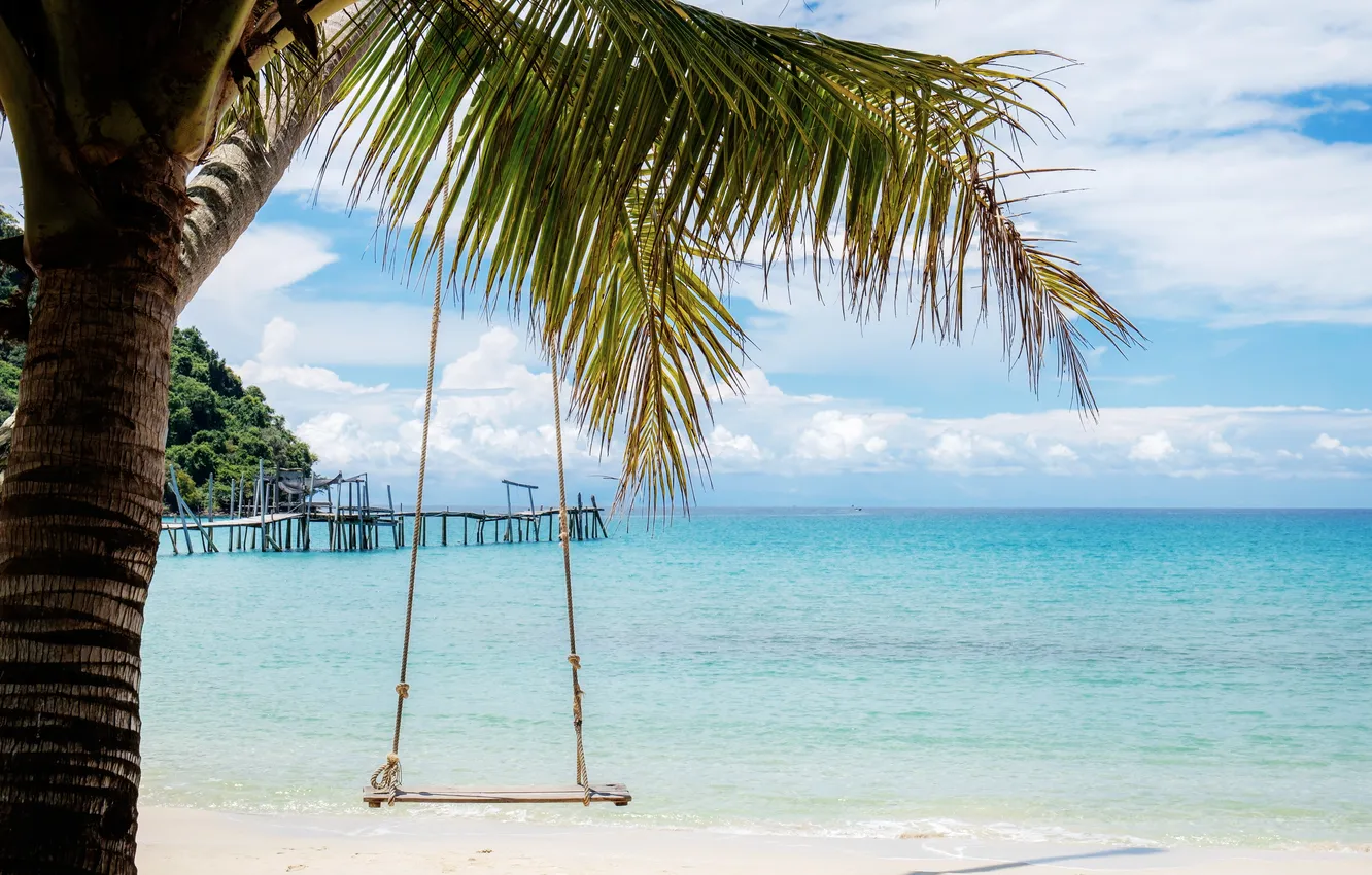Photo wallpaper sand, sea, beach, summer, the sky, palm trees, summer, beach
