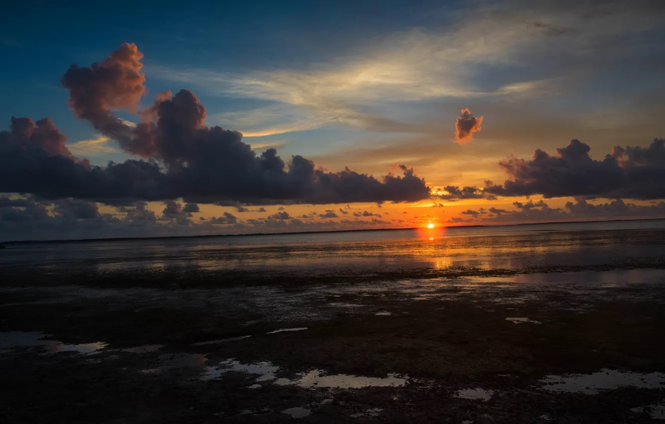 Photo wallpaper the sky, the sun, clouds, sunset, clouds, nature, darkness, river