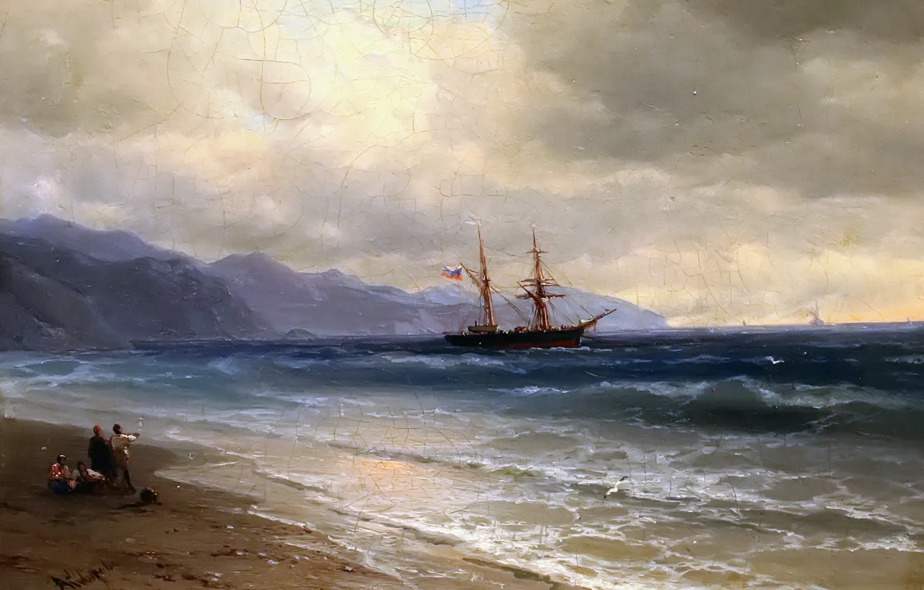 Photo wallpaper ship, oil, sailboat, picture, Russia, landscape sea, Aivazovsky Ivan, sea - sea