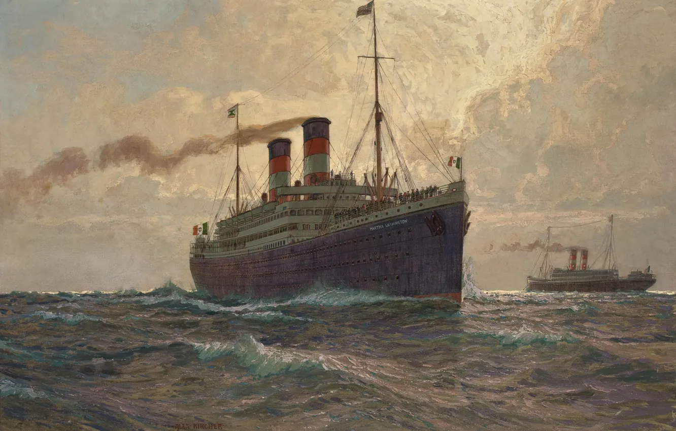 Photo wallpaper sea, wave, pipe, smoke, ship, passengers, ship, albert emil kirchner