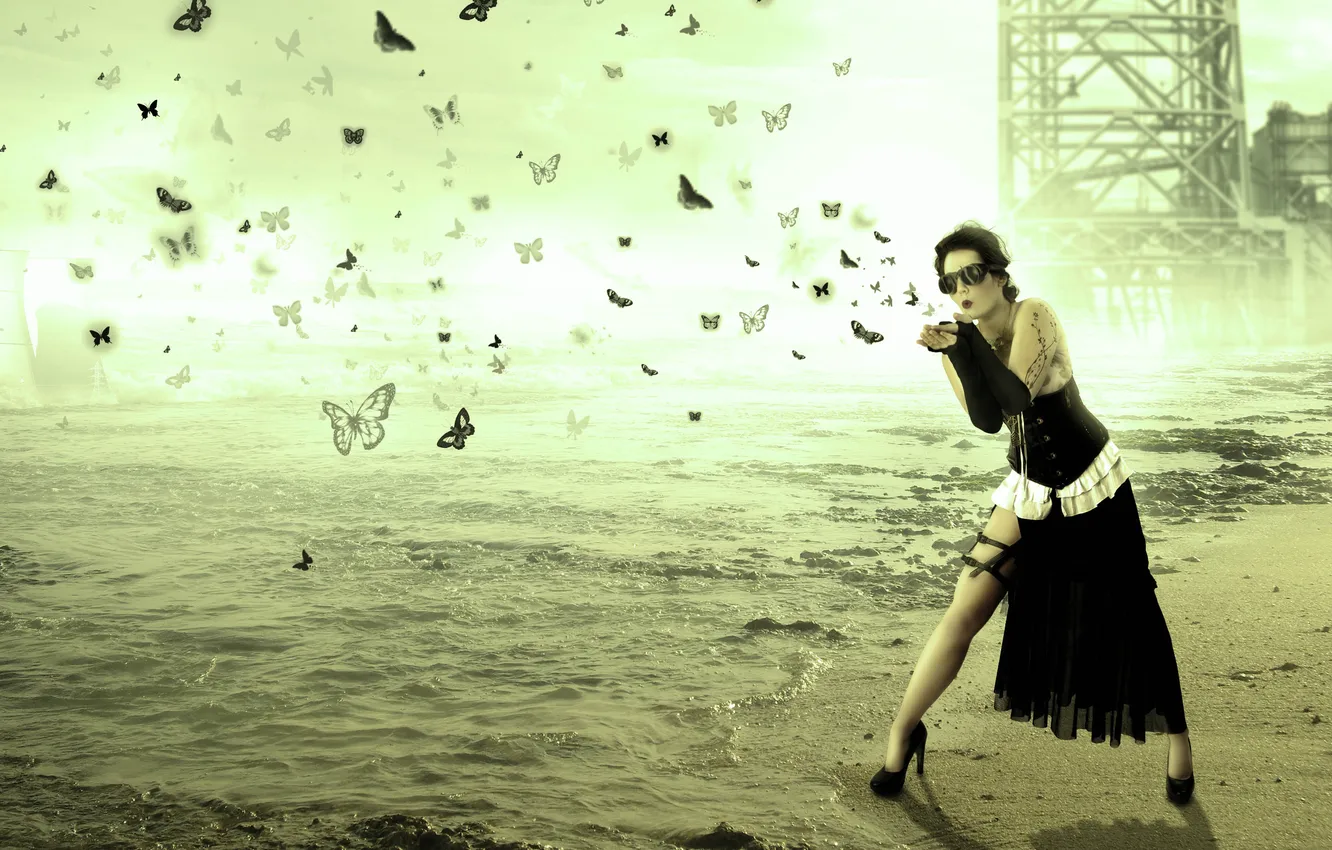 Photo wallpaper girl, creative, butterfly, installation