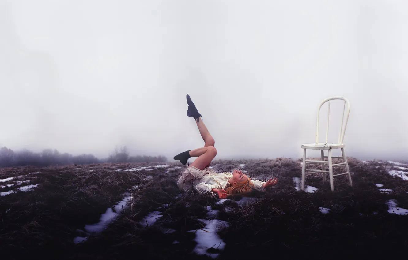 Photo wallpaper field, girl, chair