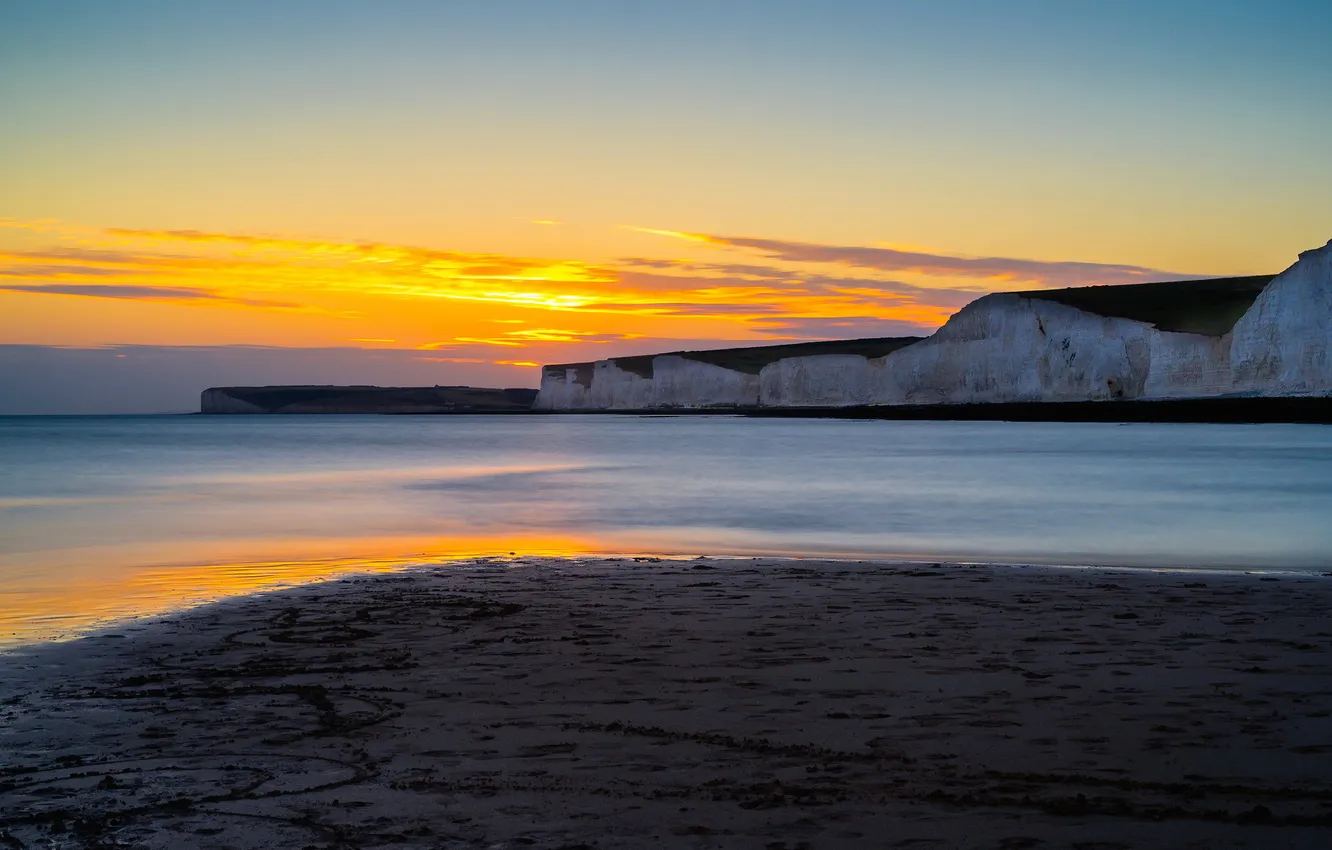 Photo wallpaper beach, England, Golden light, Birling Gap