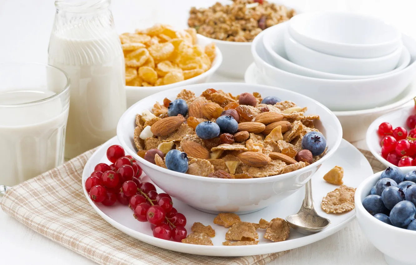 Photo wallpaper berries, Breakfast, milk, nuts, currants, almonds, cereal, blueberries