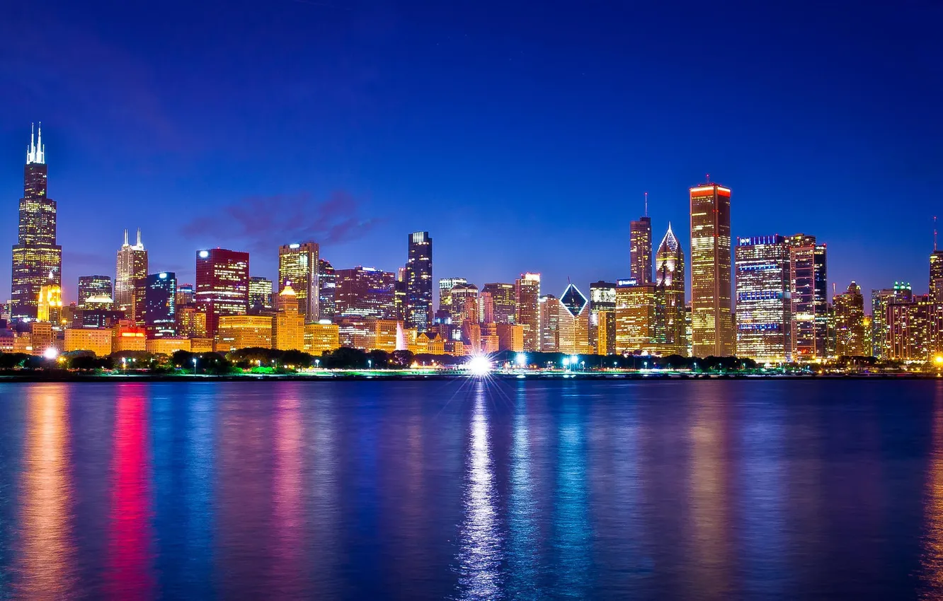 Photo wallpaper night, lights, skyscrapers, Chicago, USA, Chicago, Illinois, megapolis