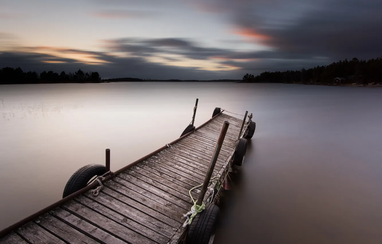 Photo wallpaper landscape, night, bridge, lake