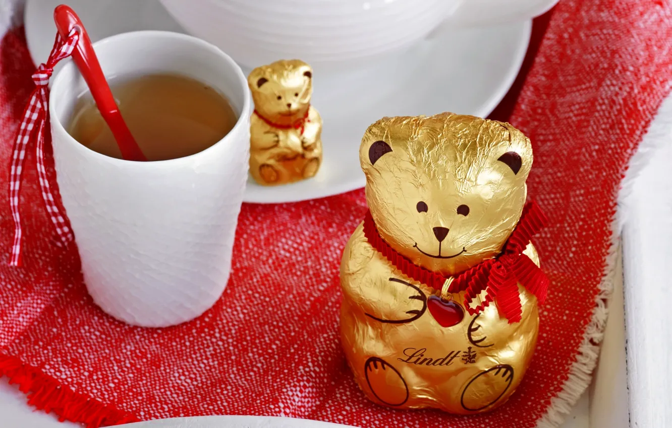 Photo wallpaper tea, heart, chocolate, bear, bear, heart, cup, chocolate