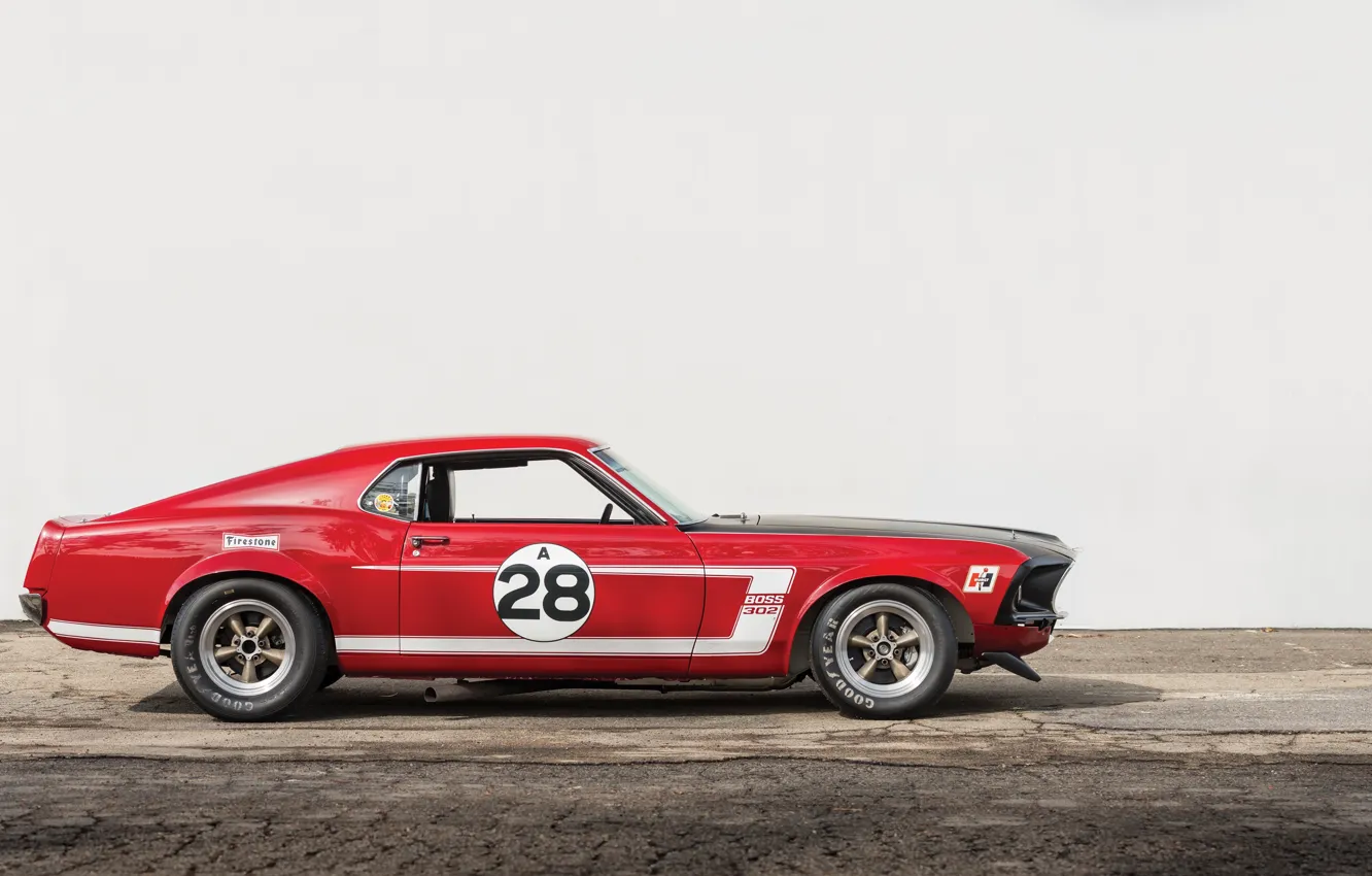 Photo wallpaper Mustang, Ford, 1969, red, side view, Ford Mustang Boss 302, legendary