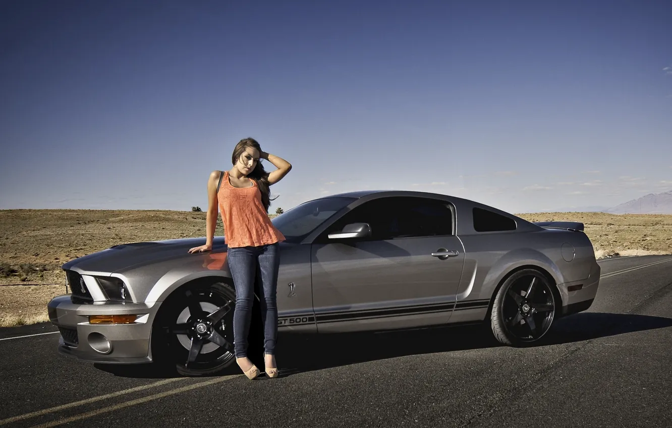 Photo wallpaper road, girl, desert, Shelby, GT500, Ford Mustang