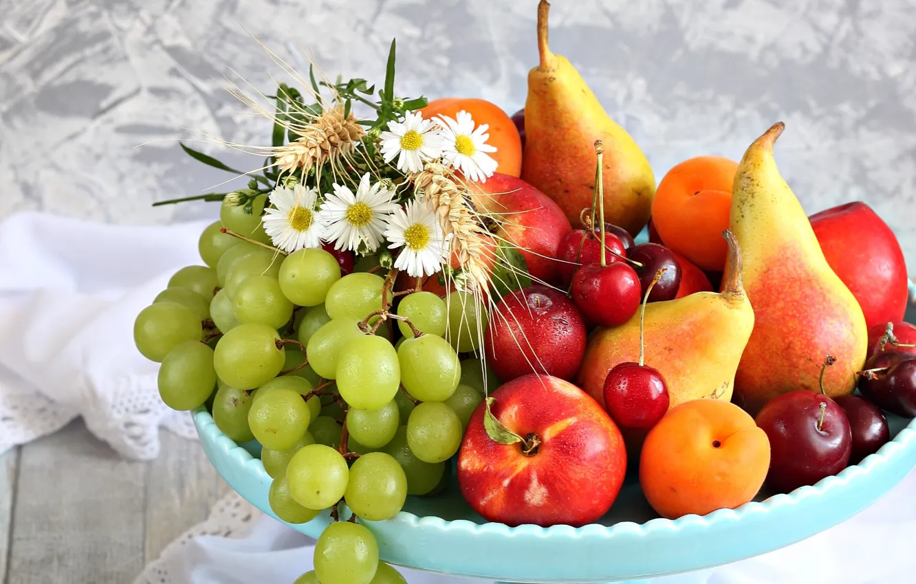 Photo wallpaper grapes, fruit, pear, cherry, apricots, nectarine