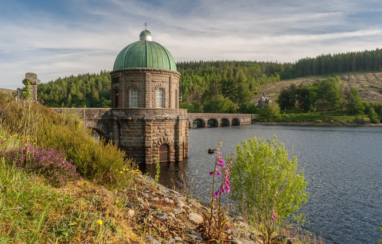 Photo wallpaper nature, tower, dam, Wales, reservoir, Garreg Ddu