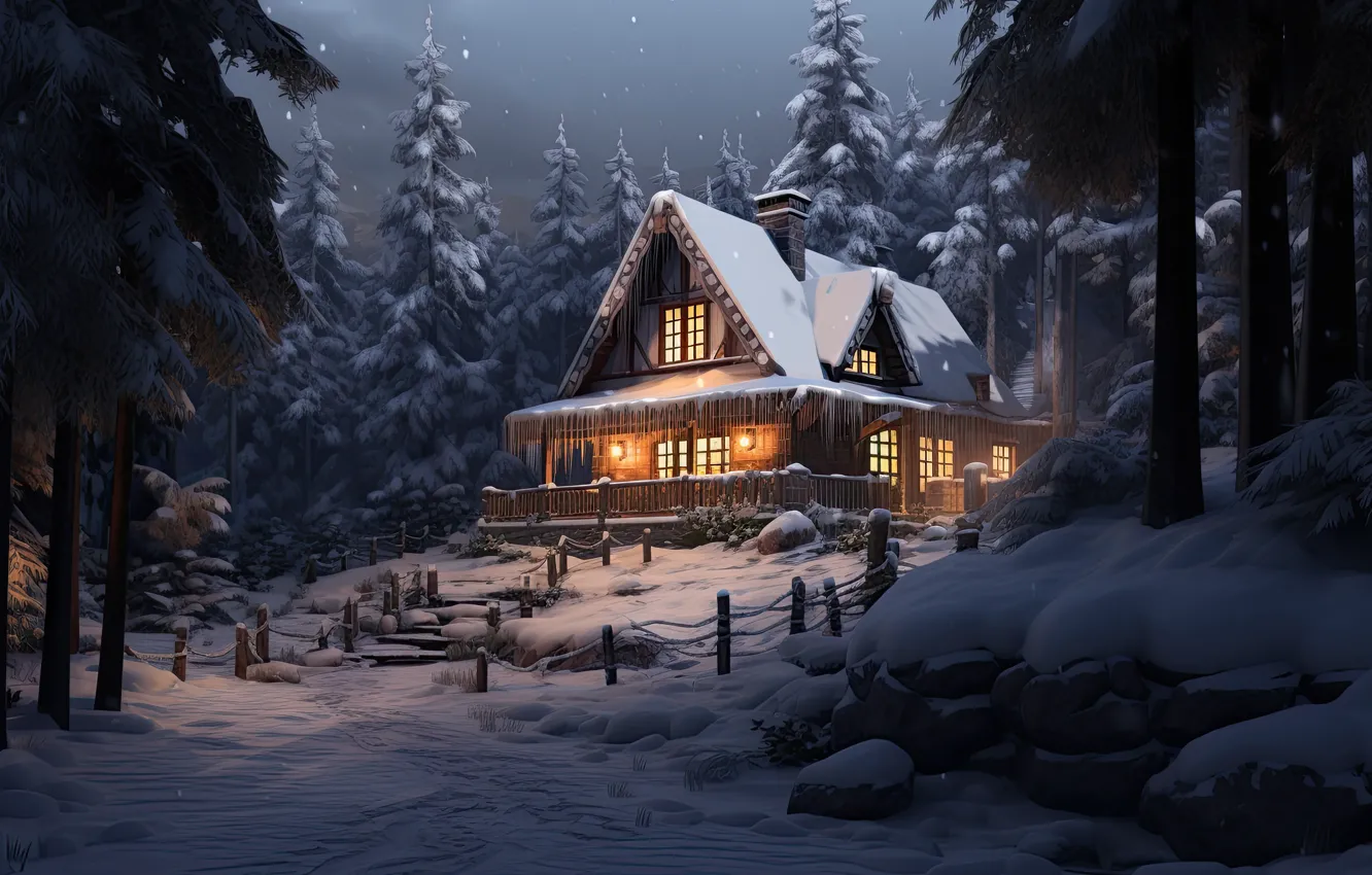 Photo wallpaper winter, forest, snow, night, house, Christmas, New year, house