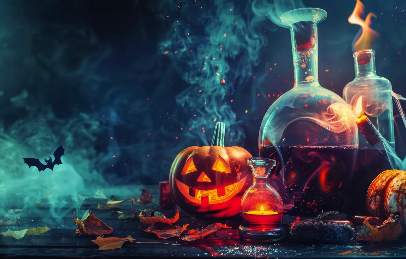 Photo wallpaper autumn, glass, leaves, lights, table, holiday, smoke, bottle