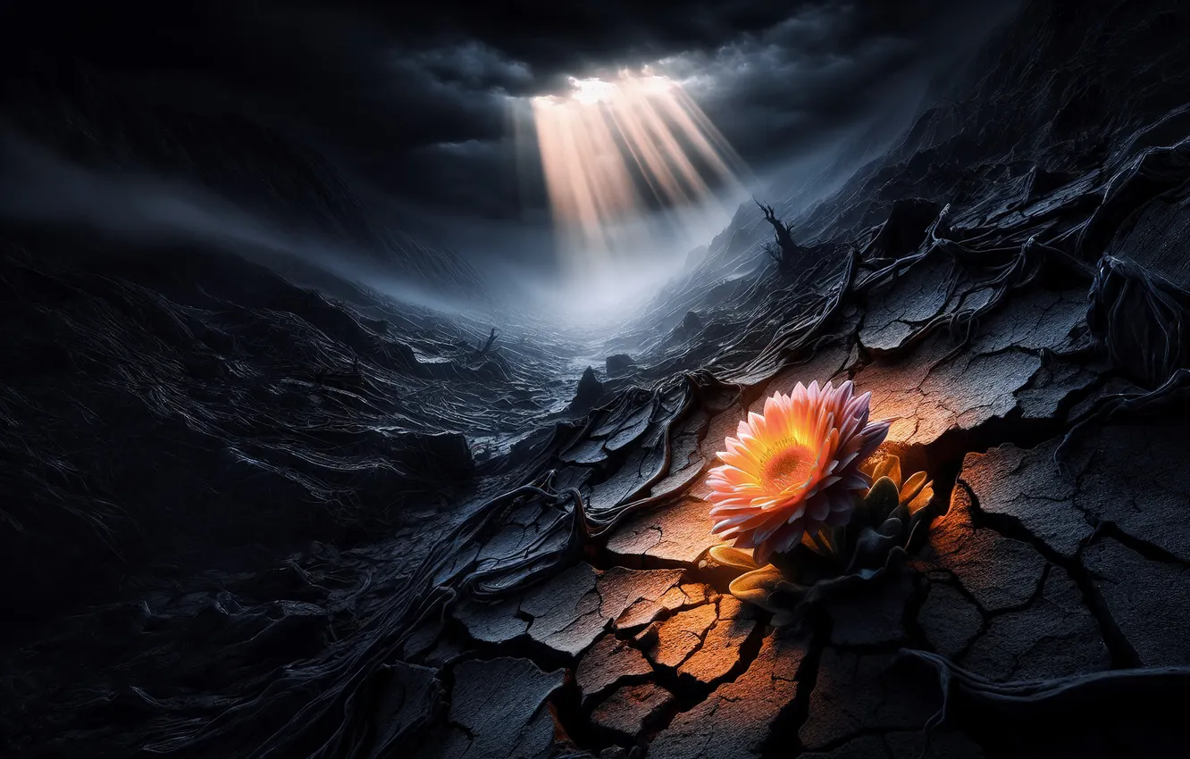 Photo wallpaper rays, light, flowers, night, clouds, cracked, desert, cactus