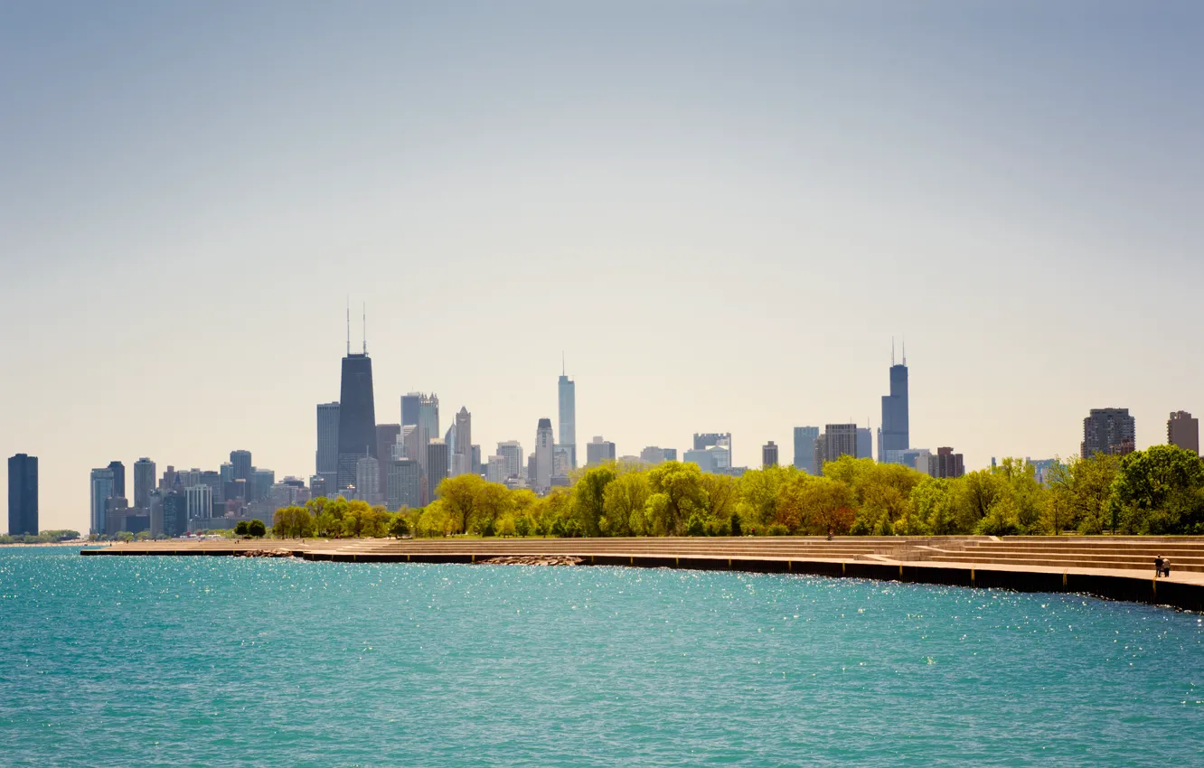 Photo wallpaper summer, the sky, the sun, skyscrapers, Chicago, Michigan, USA, America