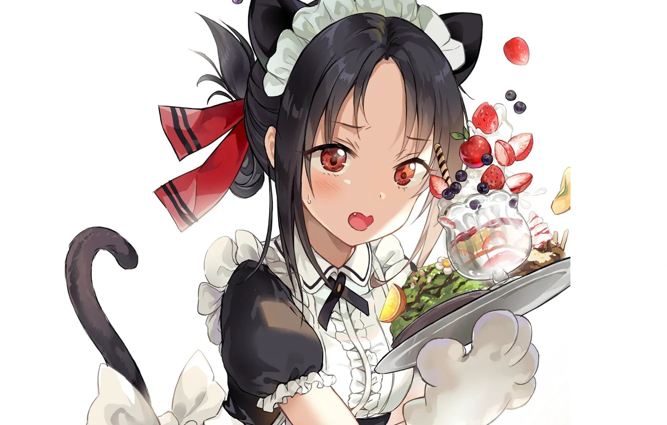 Photo wallpaper berries, tail, bow, uniform, the maid, cake, tray, ruffles