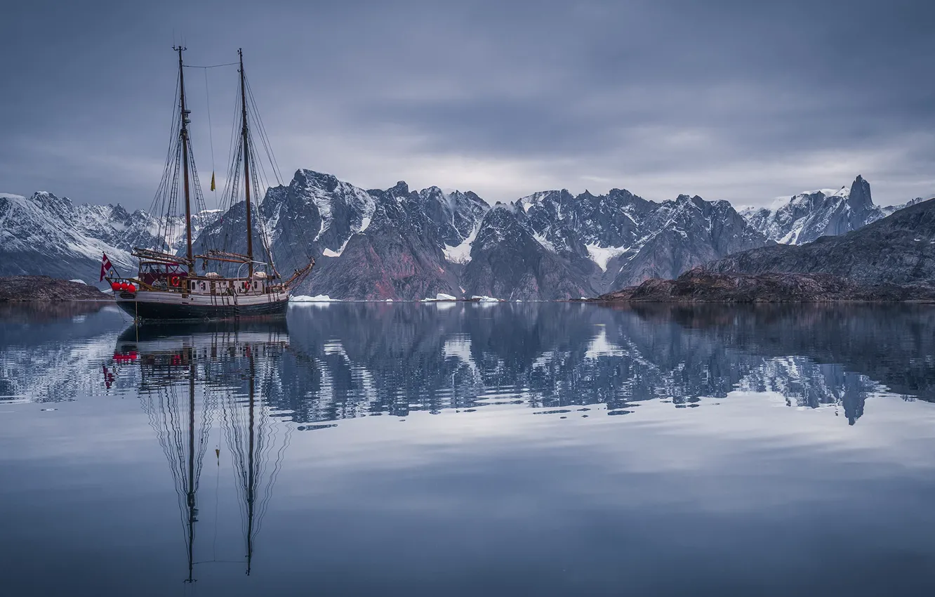 Photo wallpaper sea, mountains, ship