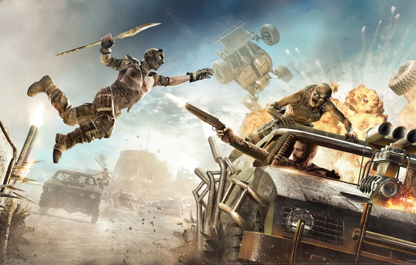 Photo wallpaper the explosion, weapons, jump, chase, battle, wheel, trunk, tires