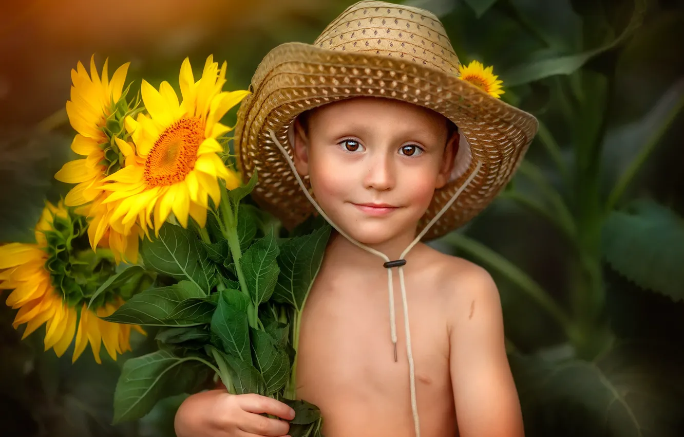 Photo wallpaper summer, sunflowers, hat, boy