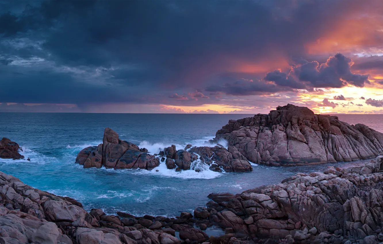 Photo wallpaper sea, the sky, clouds, sunset, clouds, nature, stones, overcast