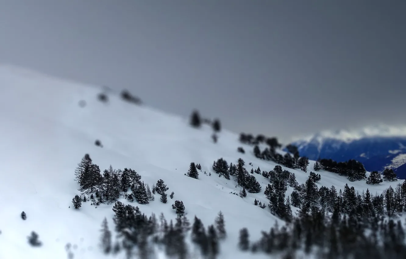 Photo wallpaper winter, mountains, snow, cloudy