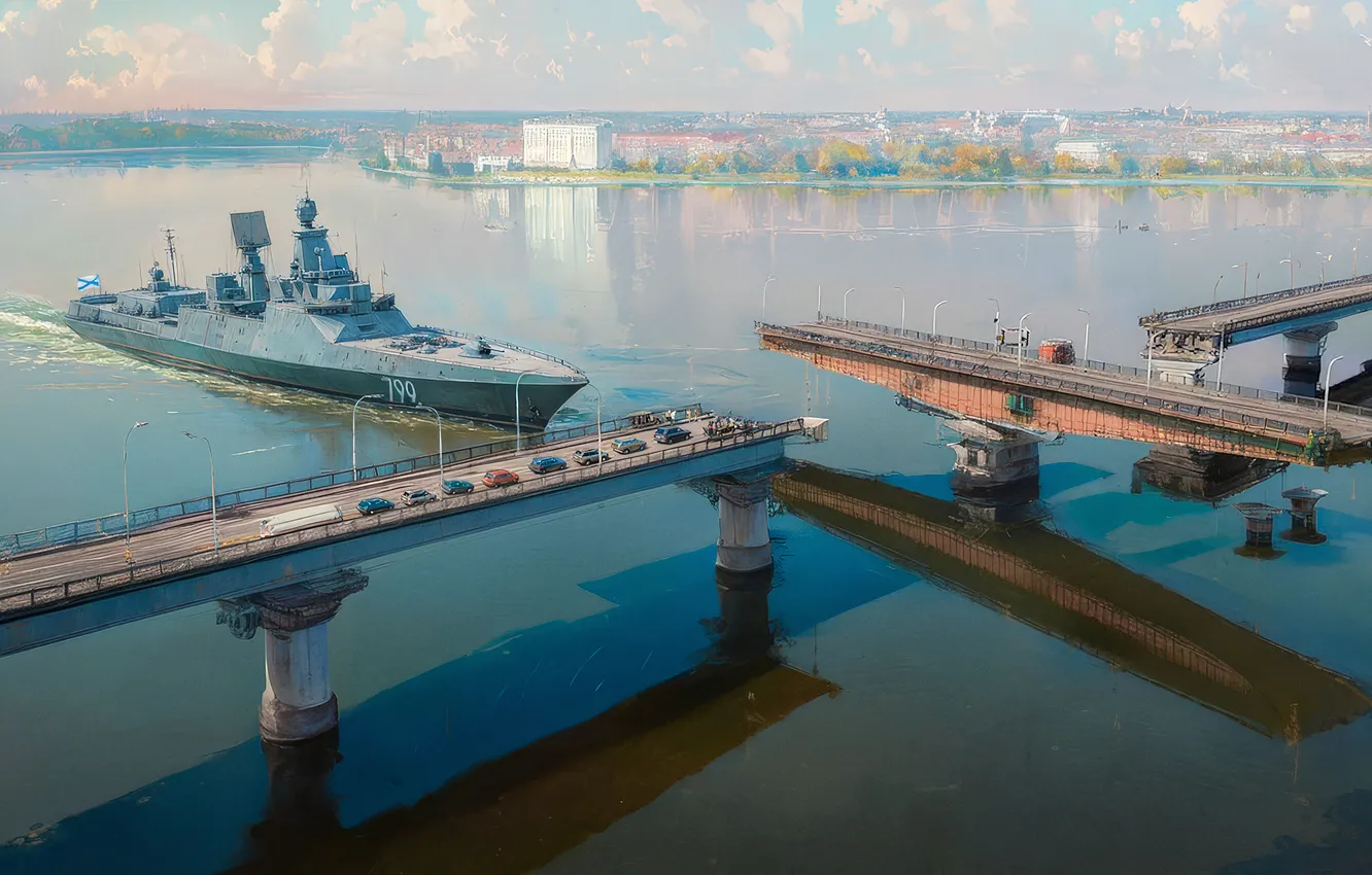 Photo wallpaper sea, machine, bridge, ship, art, Nikolaev, the day of Russia, New territories of Russia