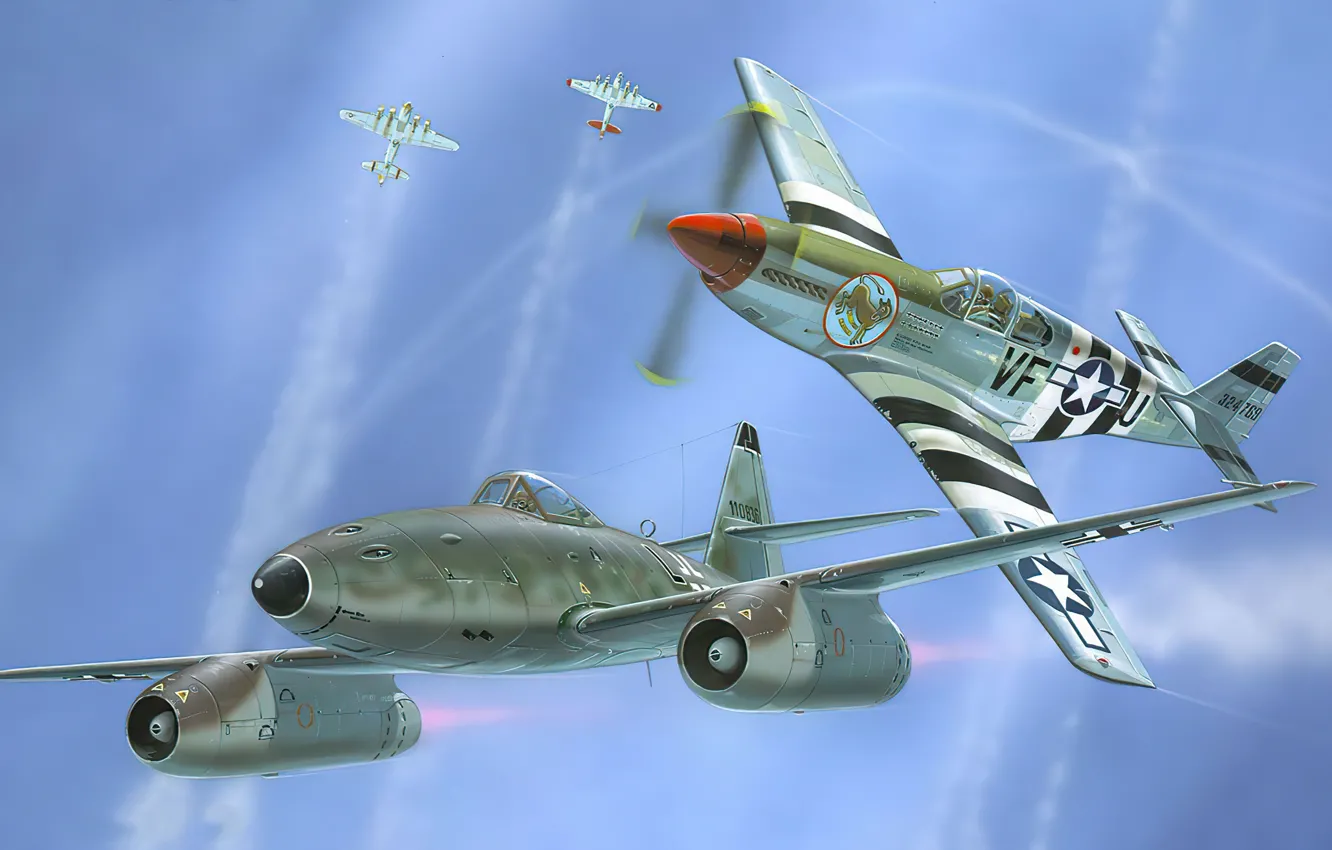 Photo wallpaper P-51, art, airplane, jet, WW2, Me-262