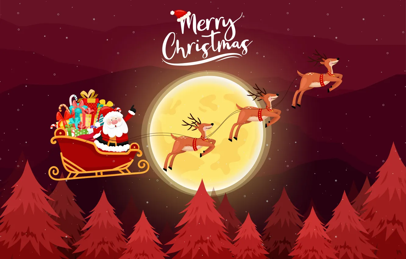 Photo wallpaper Winter, Night, The moon, Christmas, New year, Santa Claus, Deer, Merry Christmas