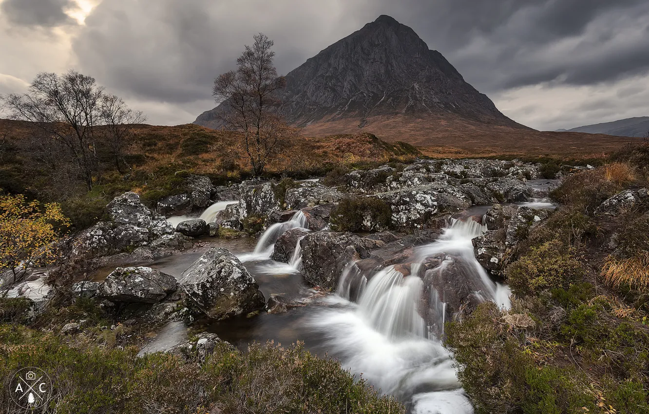 Photo wallpaper clouds, stones, mountain, stream, Scotland, Badlands Etive Mòr, Scottish highlands