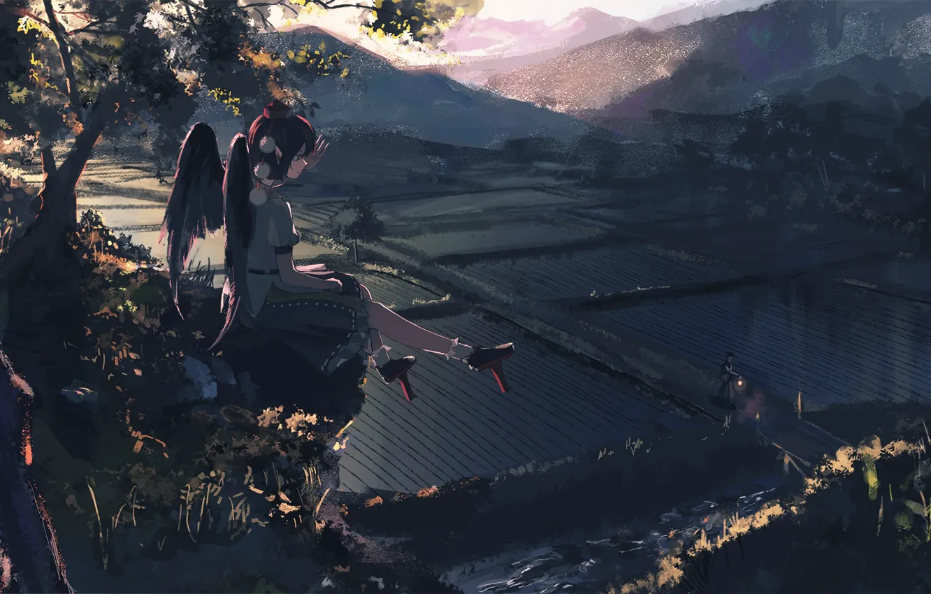 Photo wallpaper path, traveler, Aya Shameimaru, rice fields, black wings, Touhou Project, Project East, summer evening