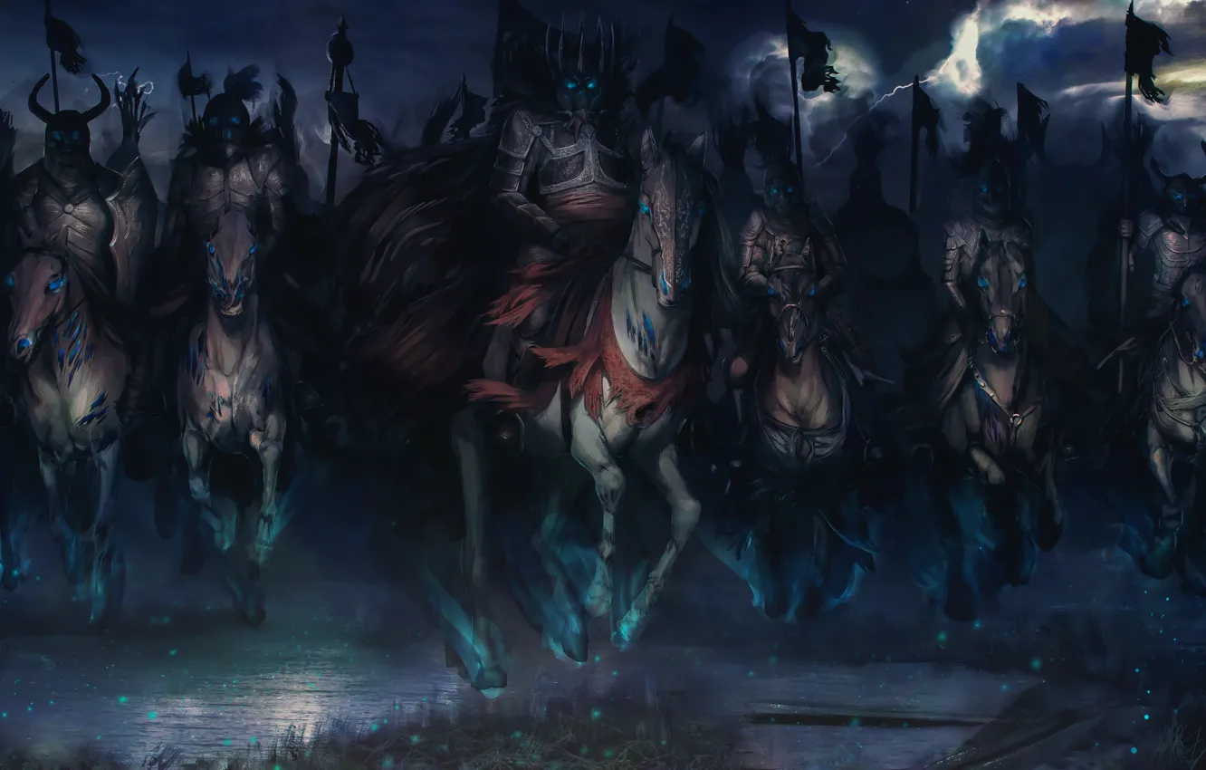 Photo wallpaper darkness, horses, riders, art, The Witcher 3: Wild Hunt, The Witcher 3: wild hunt, Wild …