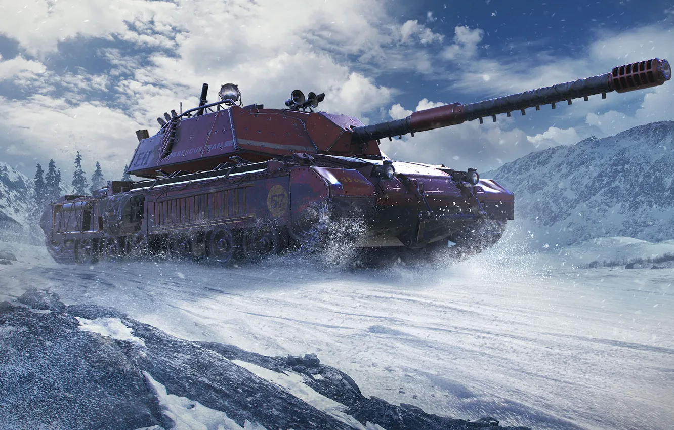 Photo wallpaper winter, snow, red, tank, World of Tanks, WOT, bisonte c45