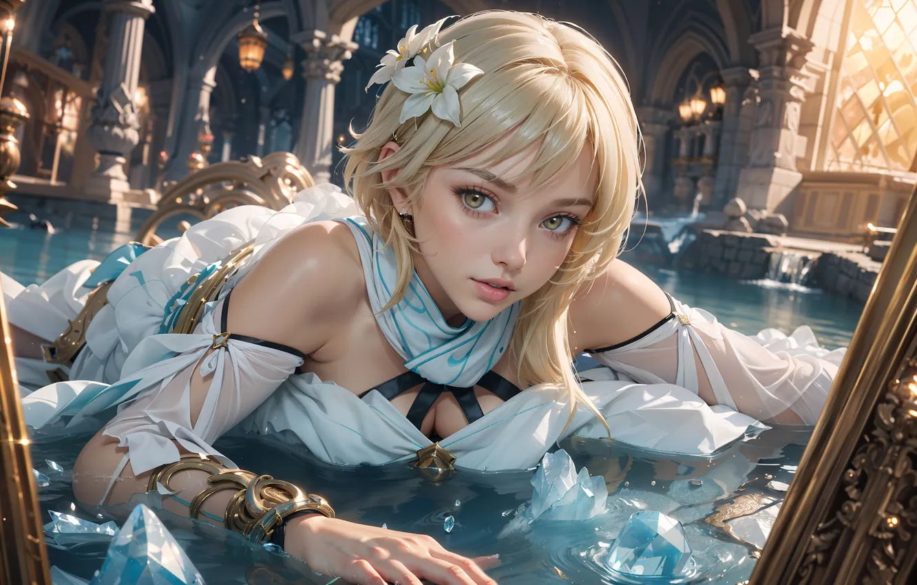 Photo wallpaper look, blonde, digital art, flower in hair, beautiful girl, digital art, artificial intelligence, Stability AI