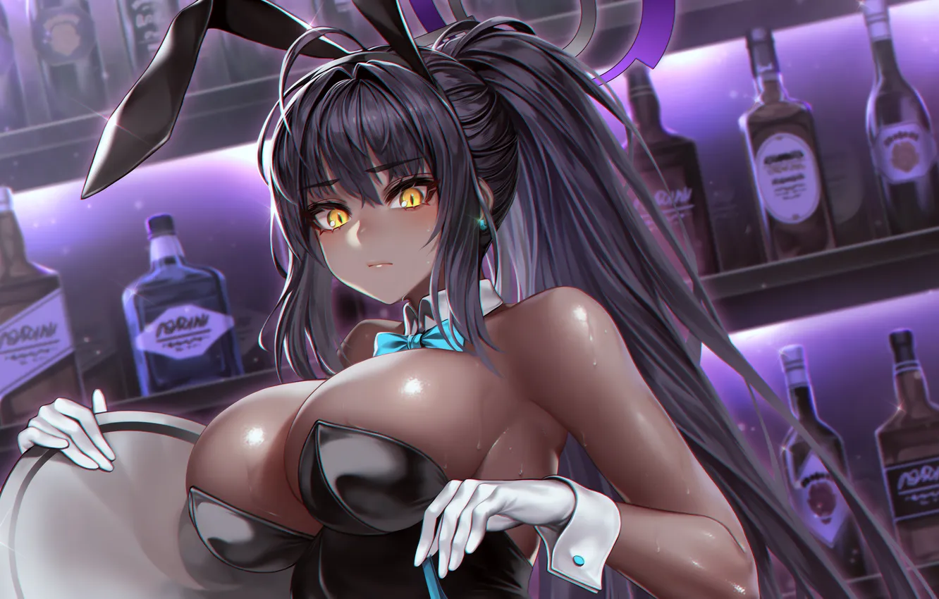 Photo wallpaper girl, sexy, wet, cleavage, long hair, boobs, animal ears, anime