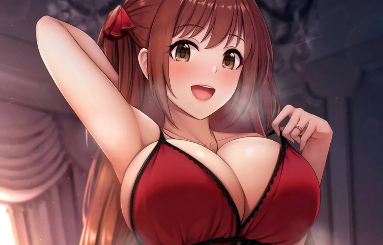 Photo wallpaper girl, sexy, cleavage, blouse, long hair, brown hair, brown eyes, boobs