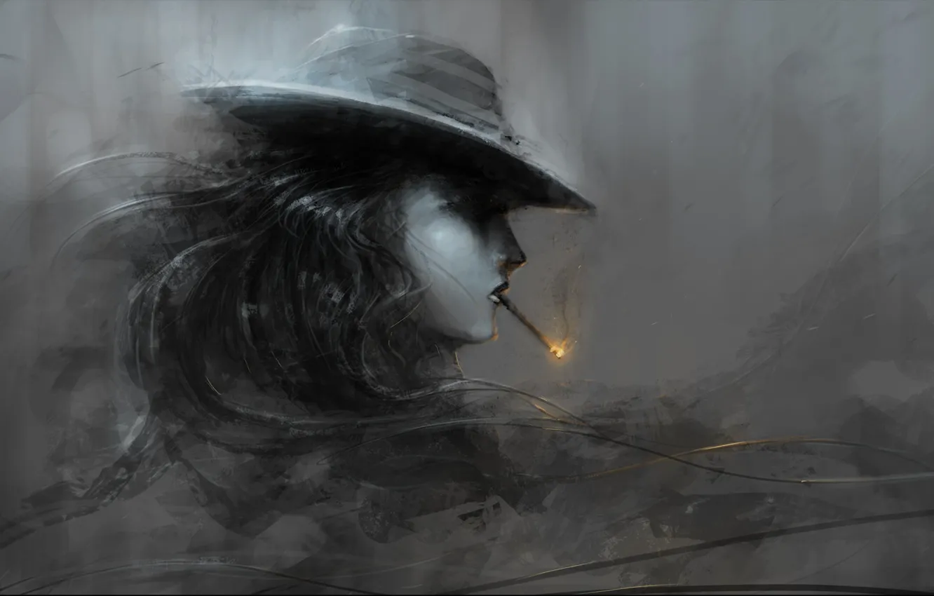 Photo wallpaper girl, fire, hat, art, cigarette, profile, black and white