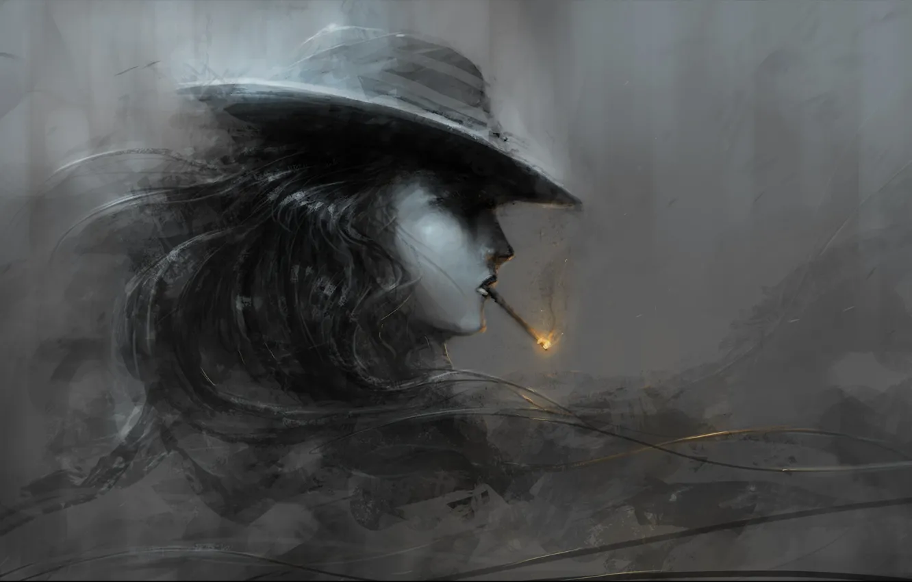 Photo wallpaper girl, lights, hat, art, cigarette, profile, black and white