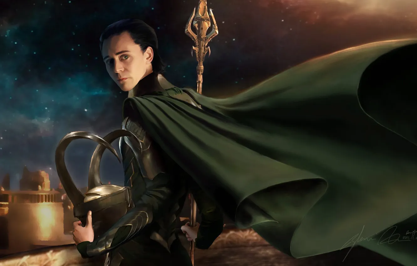 Photo wallpaper the sky, God, helmet, spear, cloak, Loki