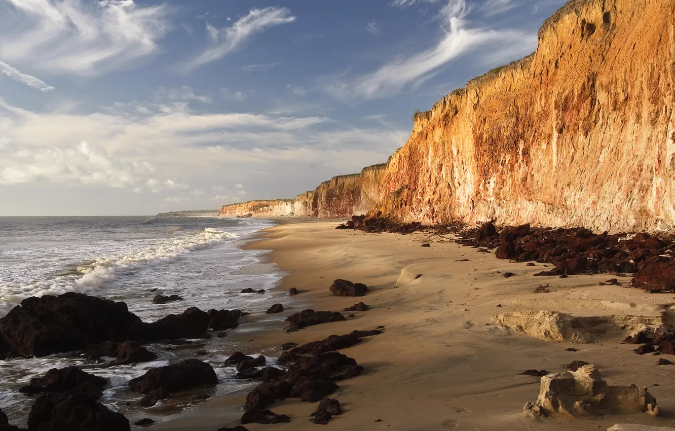 Photo wallpaper sand, the sky, water, landscape, nature, rock, stones, the ocean