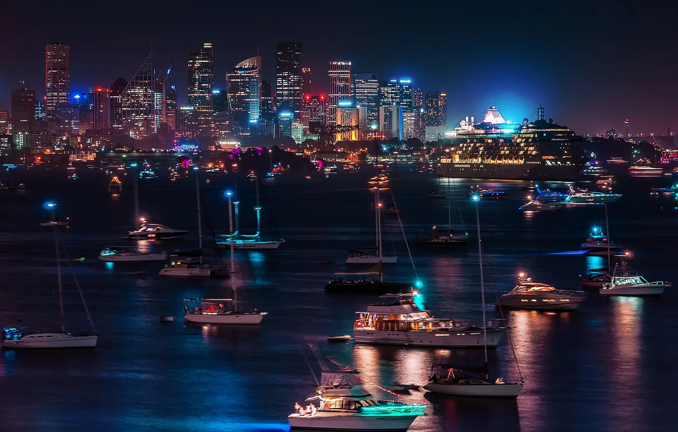 Photo wallpaper night, the city, lights, boat, yacht, port