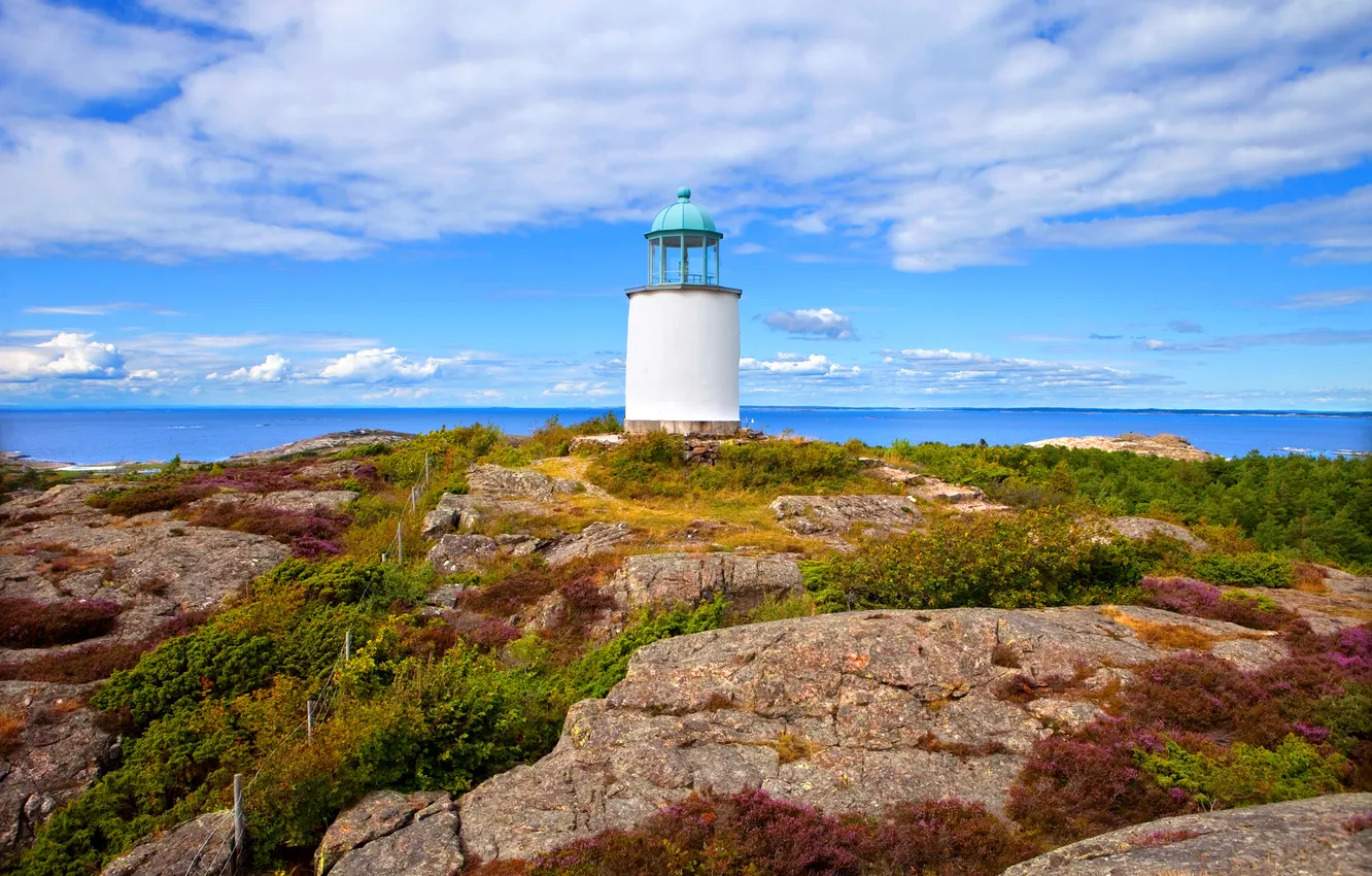 Photo wallpaper sea, the sky, clouds, rocks, lighthouse, Sweden, Vastra Gotaland County