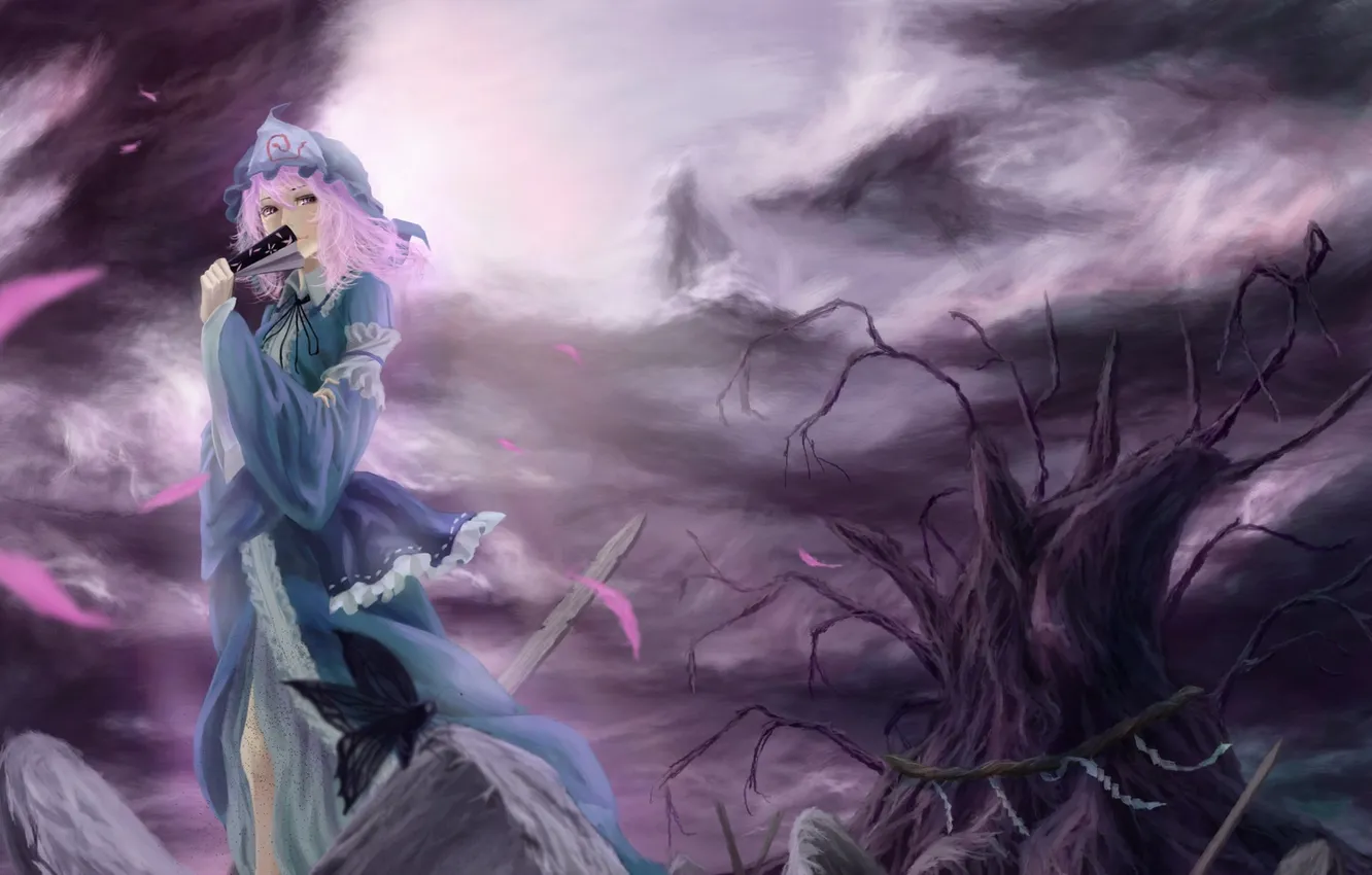 Photo wallpaper look, girl, clouds, smile, stones, the wind, butterfly, figure