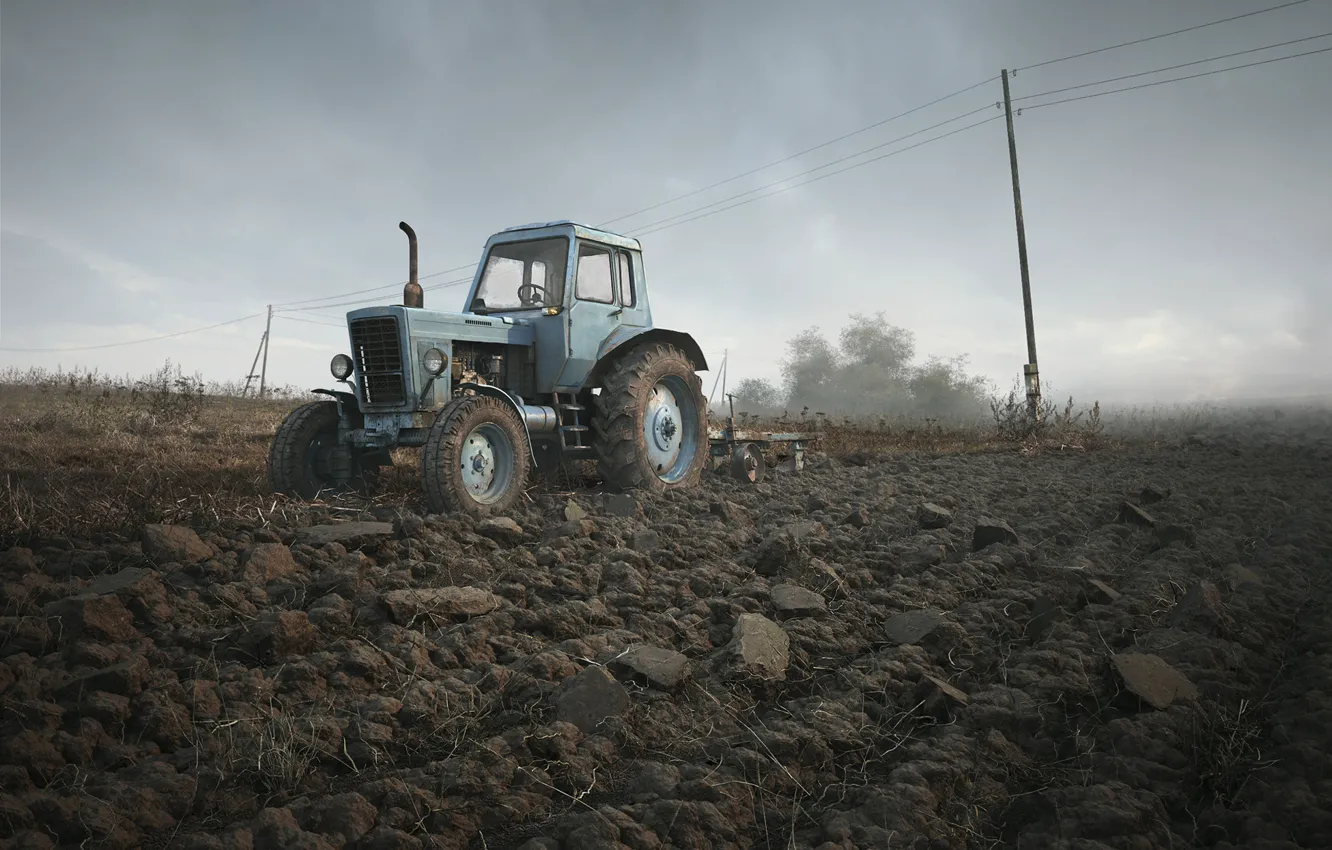 Photo wallpaper field, the sky, tractor, Belarusian